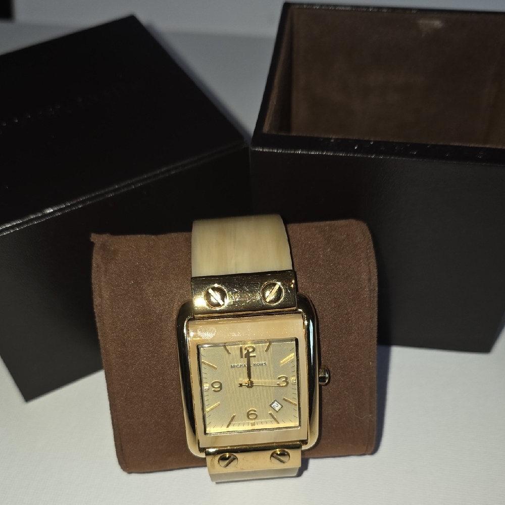 Michael Kors Gold and Cream Horn Square Face Watch